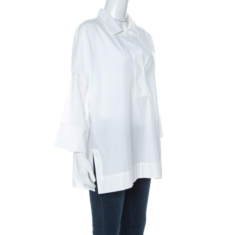Pre Owned Escada White Cotton Drop Shoulder Three Quarter Sleeve Collared Top L 