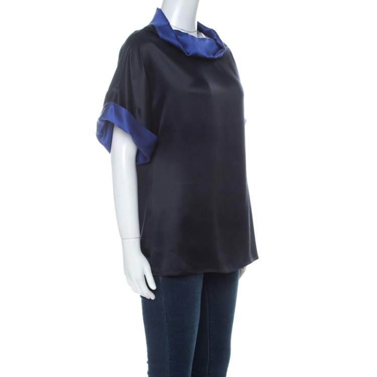 Pre Owned Escada Black and Indigo Silk Turtleneck Short Sleeve Top M 