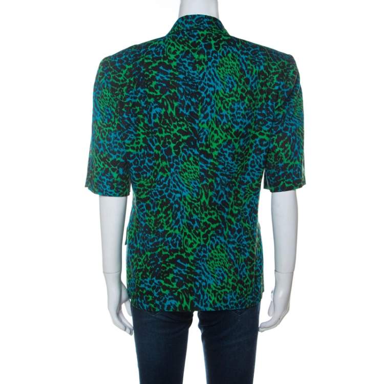 Pre Owned Escada Bicolor Leopard Print Cotton Short Sleeve Double Breasted Blazer L