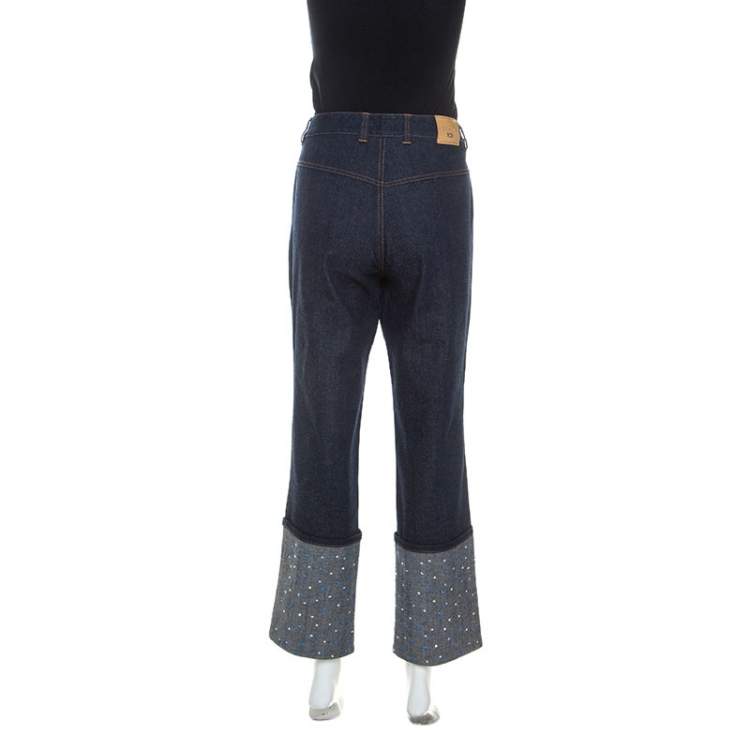 Pre Owned Escada Blue Dark Wash Denim Turn Up Embellished Hem Jeans M