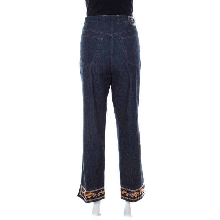 Pre Owned Escada Indigo Denim Floral Embroidered Straight Leg Jeans XL 