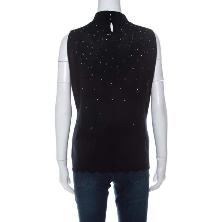 Pre Owned Escada Black Stretch Wool Embellished Sleeveless Lace Top XL