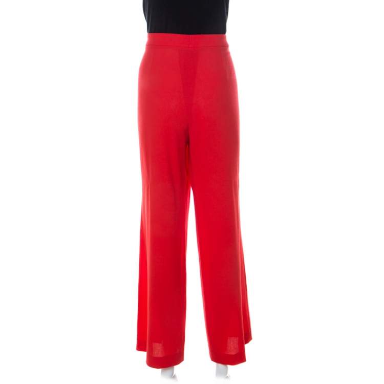 Pre Owned Escada Red Crepe Wool Wide Leg Trousers L
