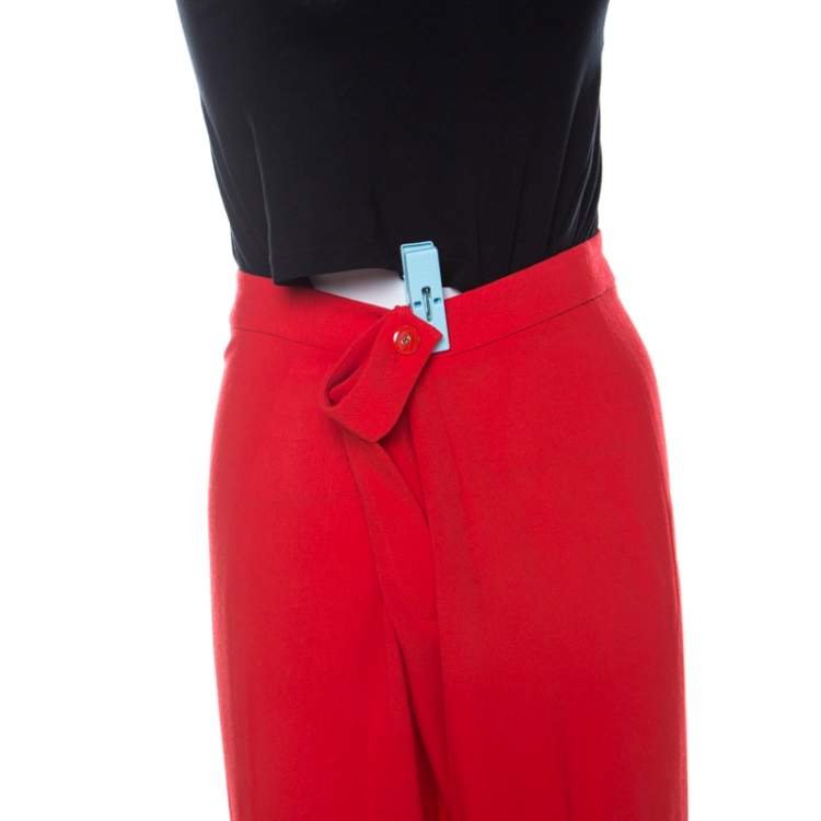 Pre Owned Escada Red Crepe Wool Wide Leg Trousers L