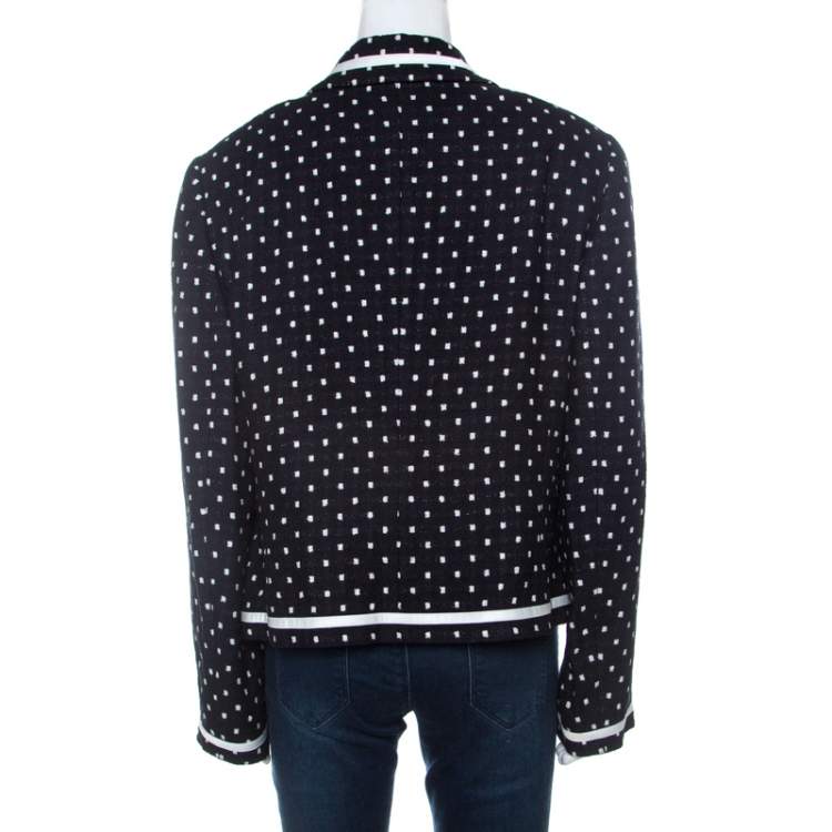 Pre Owned Escada Navy Blue Knit Polka Square Pattern Contrast Trim Jacket XL 