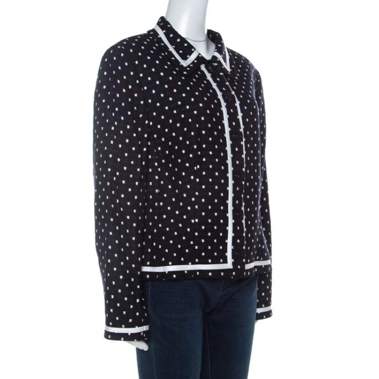 Pre Owned Escada Navy Blue Knit Polka Square Pattern Contrast Trim Jacket XL 