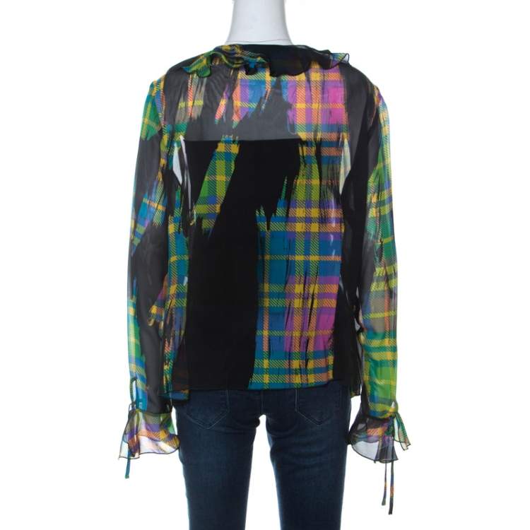 Pre Owned Escada Multicolor Plaid Print Silk Ruffle Detail Button Front Shirt XL