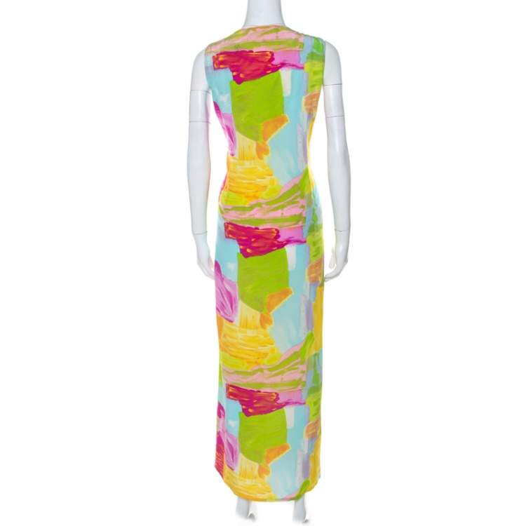 Pre Owned Escada Multicolor Printed Silk Side Slit Detail Maxi Dress XL 
