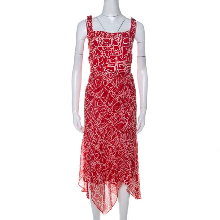 Pre Owned Escada Red and White Printed Silk and Boucle Three Piece Skirt Suit XL