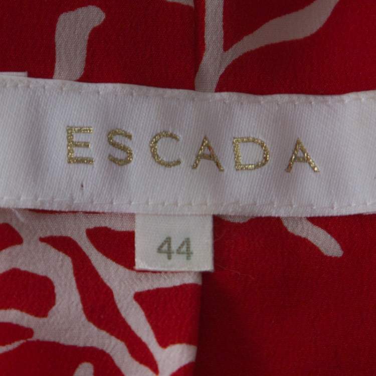 Pre Owned Escada Red and White Printed Silk and Boucle Three Piece Skirt Suit XL