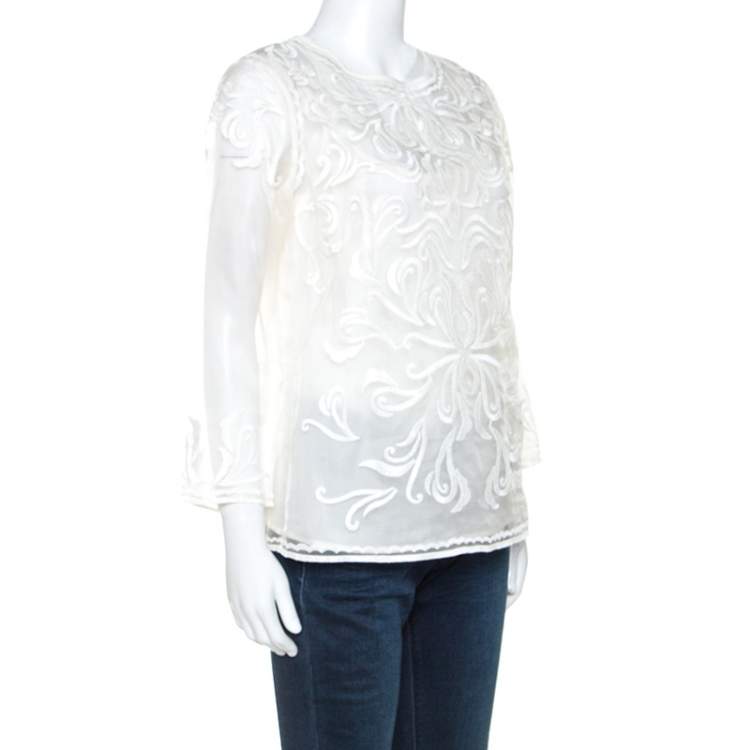 Pre Owned Escada Off White Embroidered Sheer Silk Organza Long Sleeve Nensa Blouse M