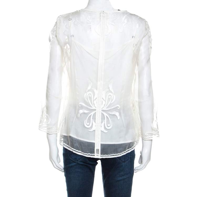 Pre Owned Escada Off White Embroidered Sheer Silk Organza Long Sleeve Nensa Blouse M