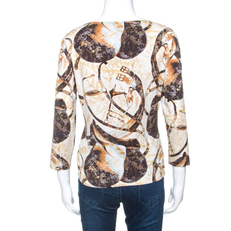 Pre Owned Escada Beige Jersey Saddle Print Long Sleeves Top M