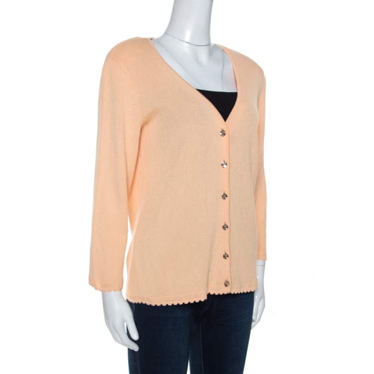 Pre Owned Escada Peach Rib Knit Padded Shoulder Button Front Cardigan M