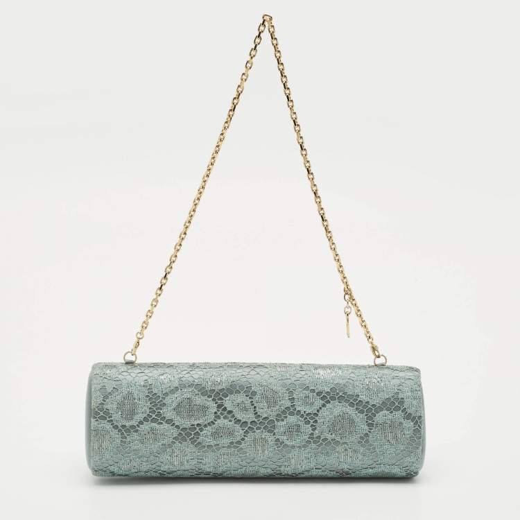 Pre Owned Escada Metallic Green Lace and Satin Tube Chain Clutch