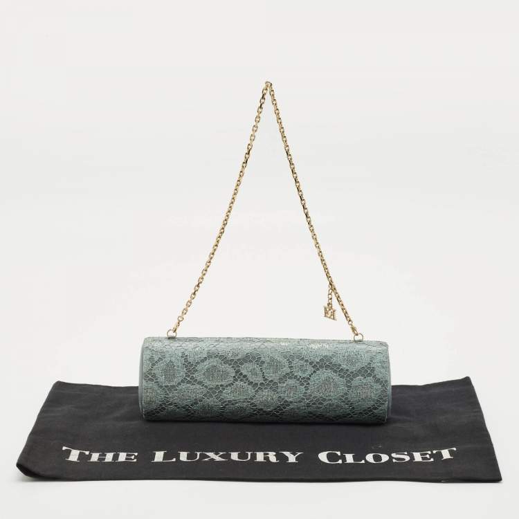 Pre Owned Escada Metallic Green Lace and Satin Tube Chain Clutch
