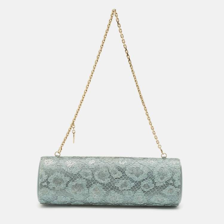 Pre Owned Escada Metallic Green Lace and Satin Tube Chain Clutch