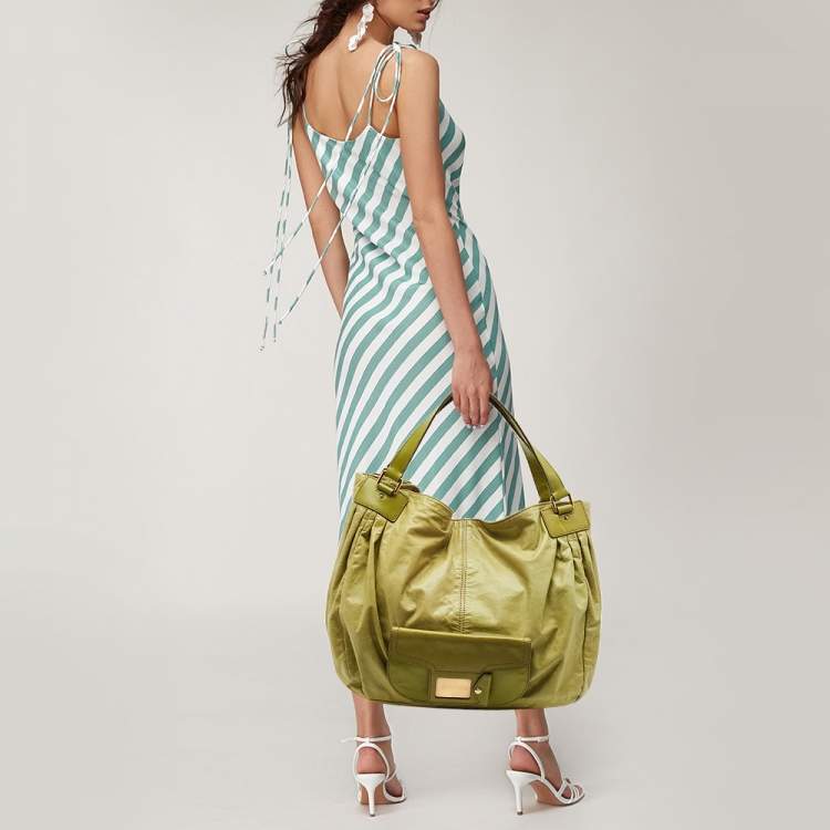 Pre Owned Escada Lime Green Leather Front Pocket Hobo