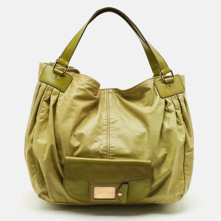 Pre Owned Escada Lime Green Leather Front Pocket Hobo