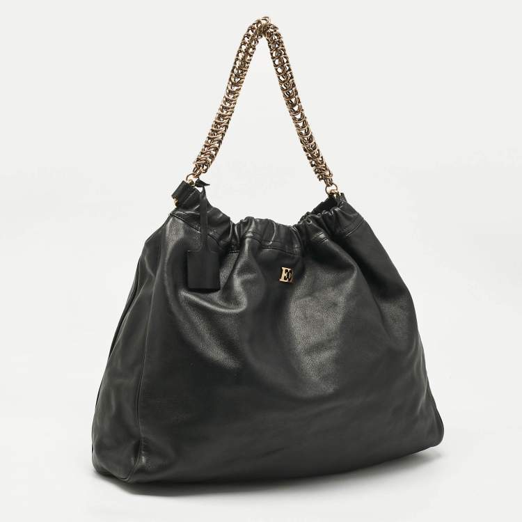 Pre Owned Escada Black Leather Chain Logo Hobo
