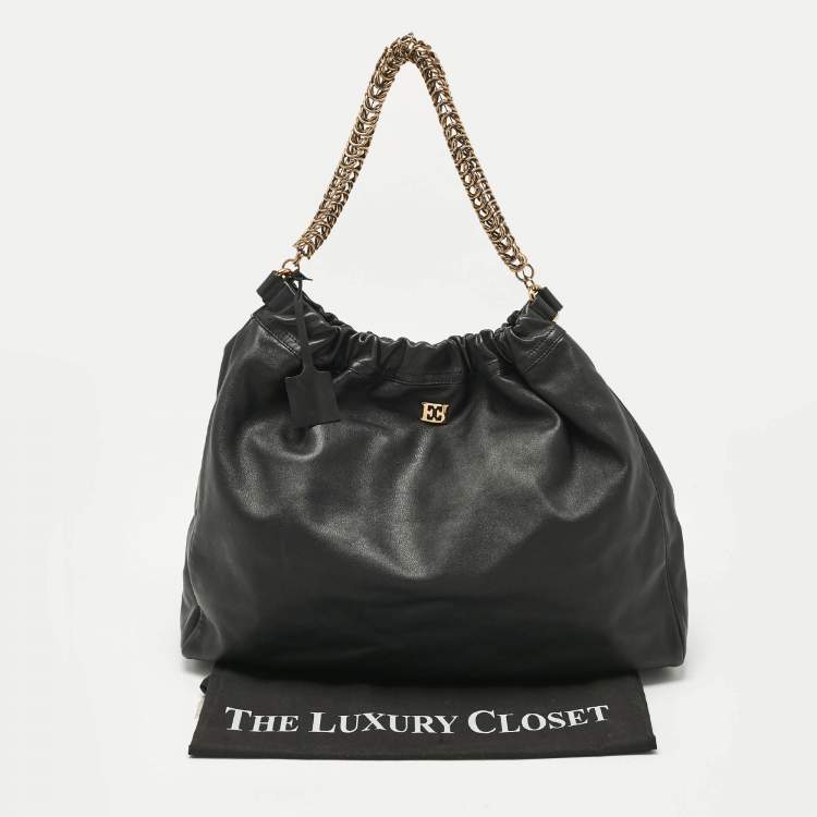 Pre Owned Escada Black Leather Chain Logo Hobo