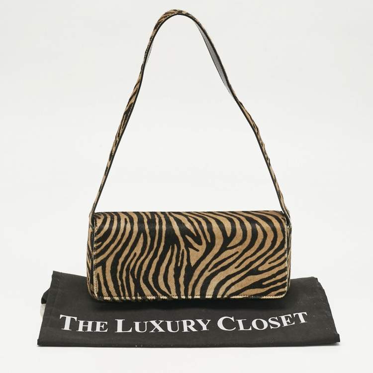 Pre Owned Escada Brown/Black Zebra Print Calfhair Flap Shoulder Bag