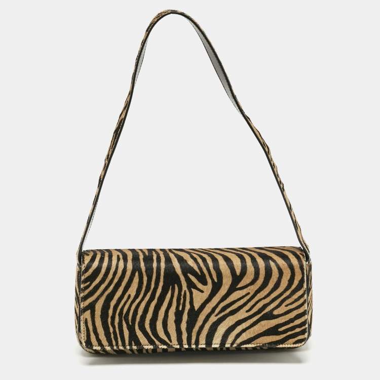 Pre Owned Escada Brown/Black Zebra Print Calfhair Flap Shoulder Bag