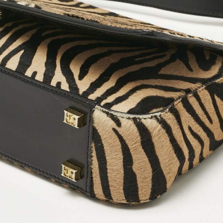 Pre Owned Escada Brown/Black Zebra Print Calfhair Flap Shoulder Bag