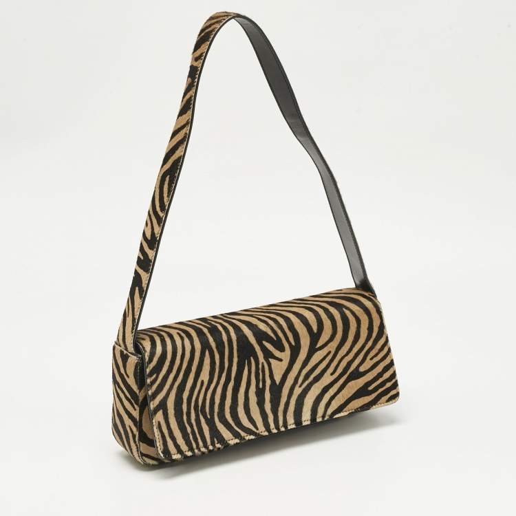 Pre Owned Escada Brown/Black Zebra Print Calfhair Flap Shoulder Bag