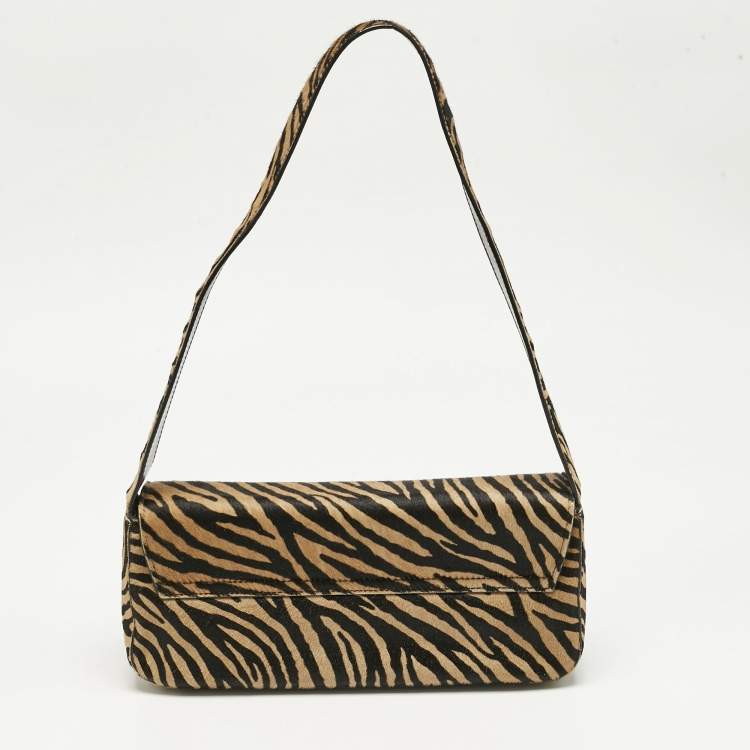 Pre Owned Escada Brown/Black Zebra Print Calfhair Flap Shoulder Bag