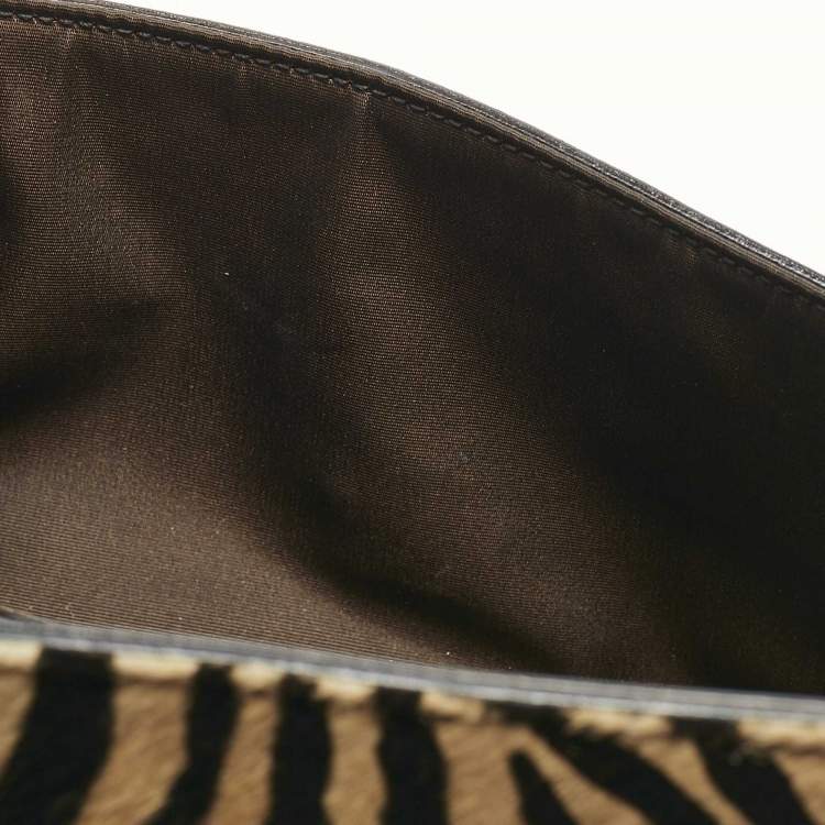 Pre Owned Escada Brown/Black Zebra Print Calfhair Flap Shoulder Bag