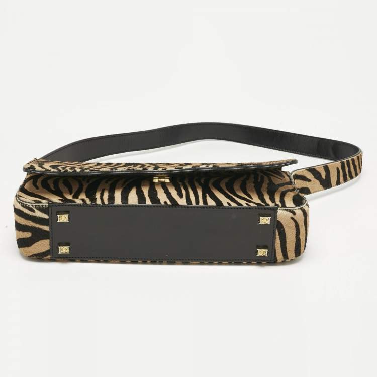 Pre Owned Escada Brown/Black Zebra Print Calfhair Flap Shoulder Bag
