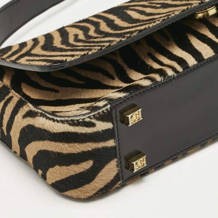 Pre Owned Escada Brown/Black Zebra Print Calfhair Flap Shoulder Bag