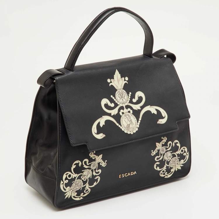 مملوكة مسبقًا Escada Black Leather Elegant Baroque Print Top Handle Bag