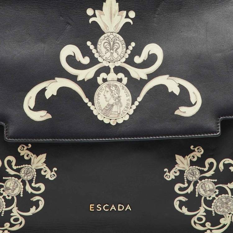 مملوكة مسبقًا Escada Black Leather Elegant Baroque Print Top Handle Bag