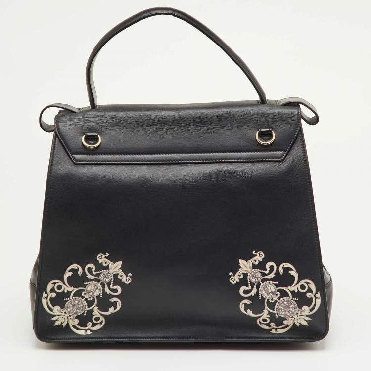 مملوكة مسبقًا Escada Black Leather Elegant Baroque Print Top Handle Bag