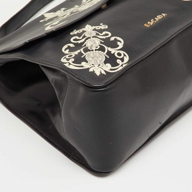 مملوكة مسبقًا Escada Black Leather Elegant Baroque Print Top Handle Bag
