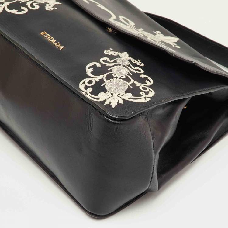 مملوكة مسبقًا Escada Black Leather Elegant Baroque Print Top Handle Bag