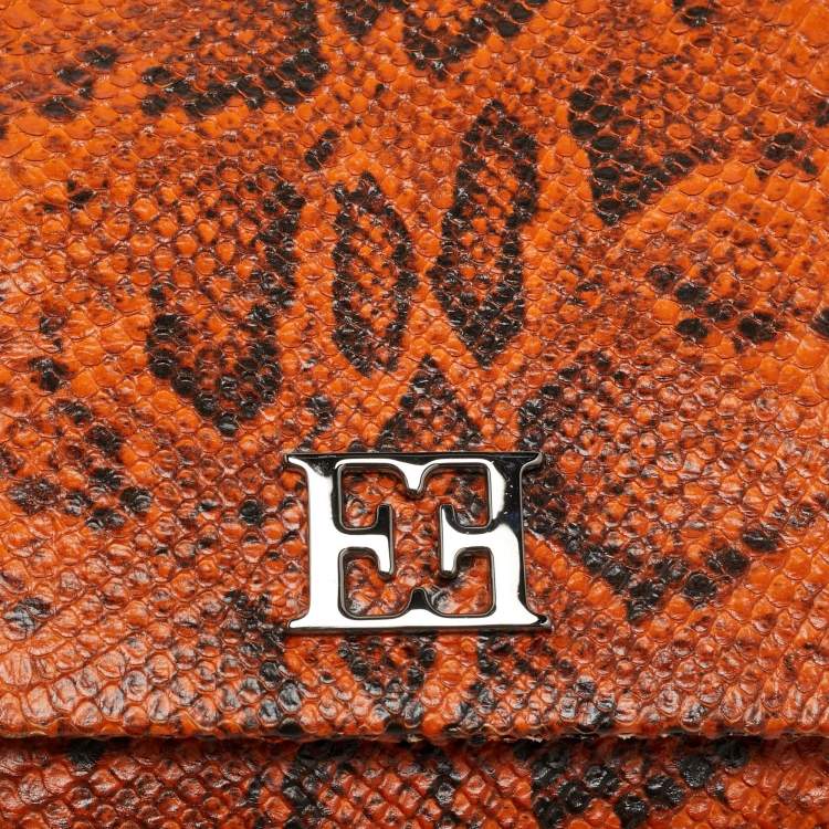 Pre Owned Escada Logo Flap Orange/Black Python Embossed Leather Shoulder Bag