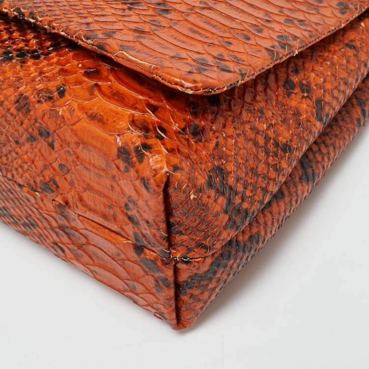 Pre Owned Escada Logo Flap Orange/Black Python Embossed Leather Shoulder Bag