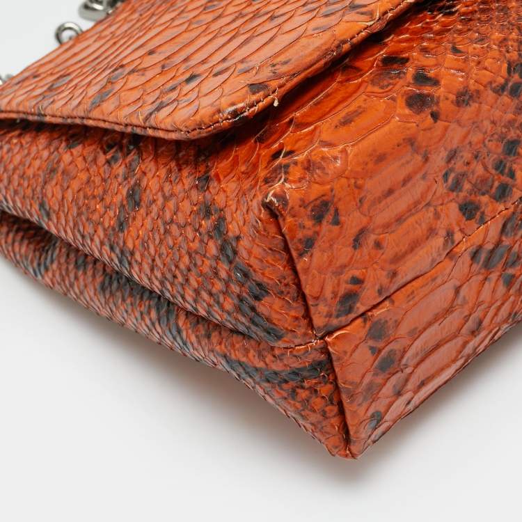Pre Owned Escada Logo Flap Orange/Black Python Embossed Leather Shoulder Bag