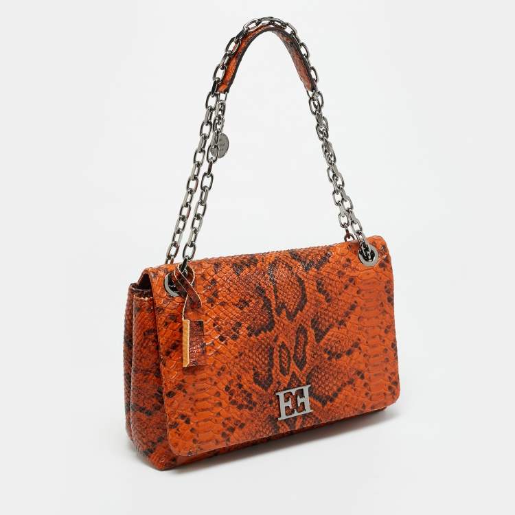 Pre Owned Escada Logo Flap Orange/Black Python Embossed Leather Shoulder Bag