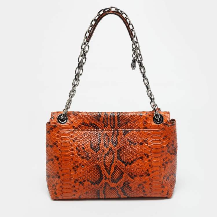 Pre Owned Escada Logo Flap Orange/Black Python Embossed Leather Shoulder Bag