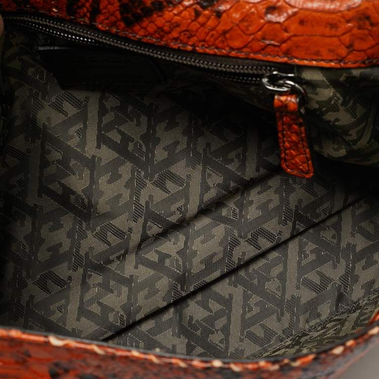 Pre Owned Escada Logo Flap Orange/Black Python Embossed Leather Shoulder Bag