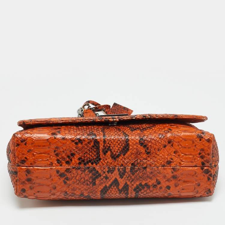 Pre Owned Escada Logo Flap Orange/Black Python Embossed Leather Shoulder Bag