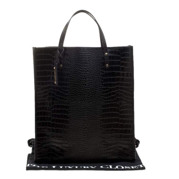 Pre Owned Escada Black Croc Embossed Leather Shopper Tote