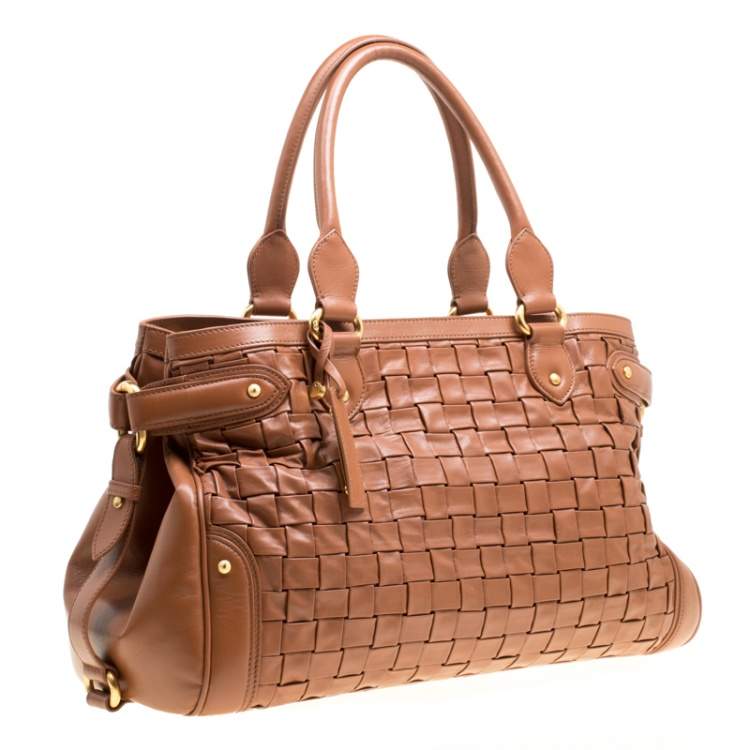 Pre Owned Escada Brown Woven Leather Horizontal Margaretha Tote 