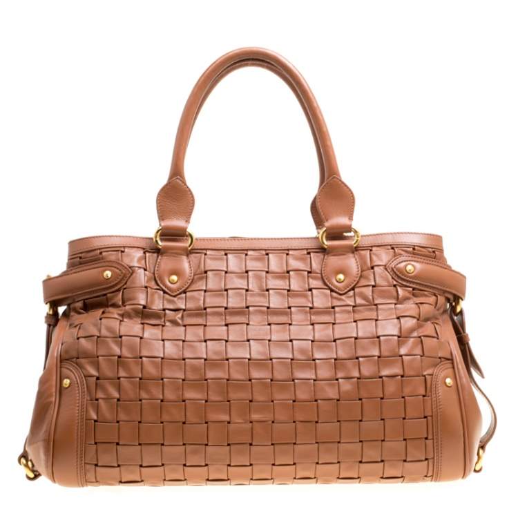 Pre Owned Escada Brown Woven Leather Horizontal Margaretha Tote 
