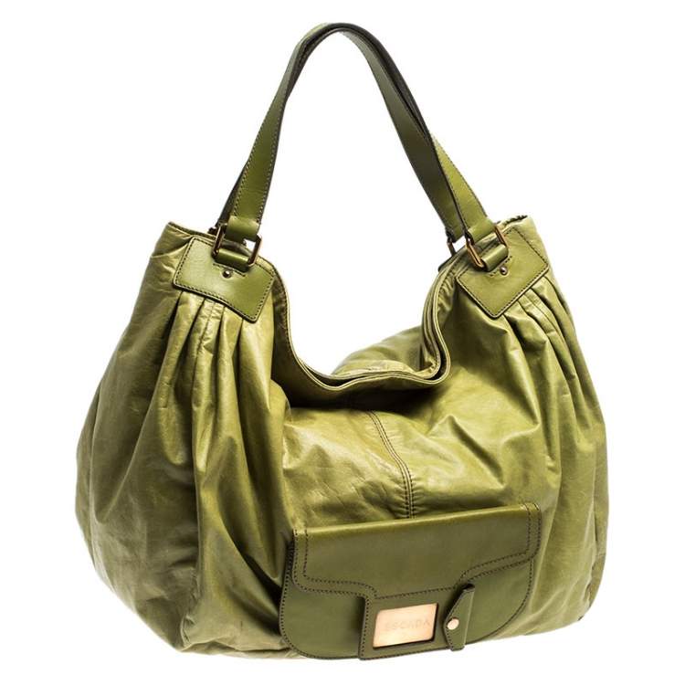 Pre Owned Escada Lime Green Leather Front Pocket Hobo