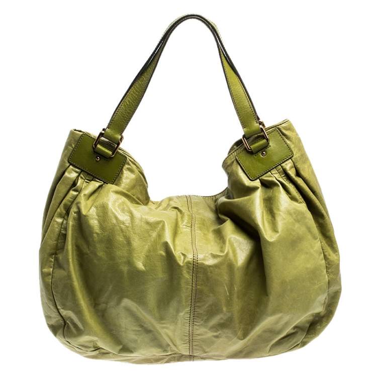 Pre Owned Escada Lime Green Leather Front Pocket Hobo